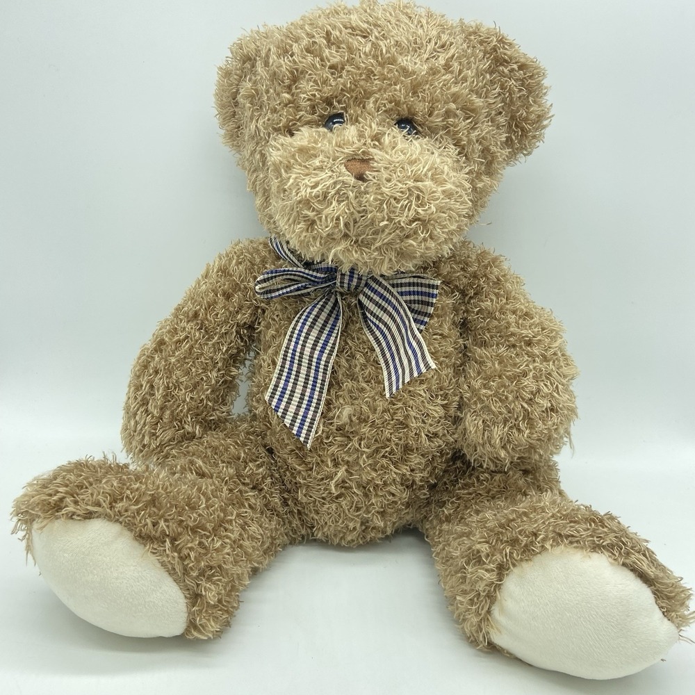 Burton and Burton Teddy Bear Plush 14" Brown Curly Hair Plaid Bow Tie Soft Gift
